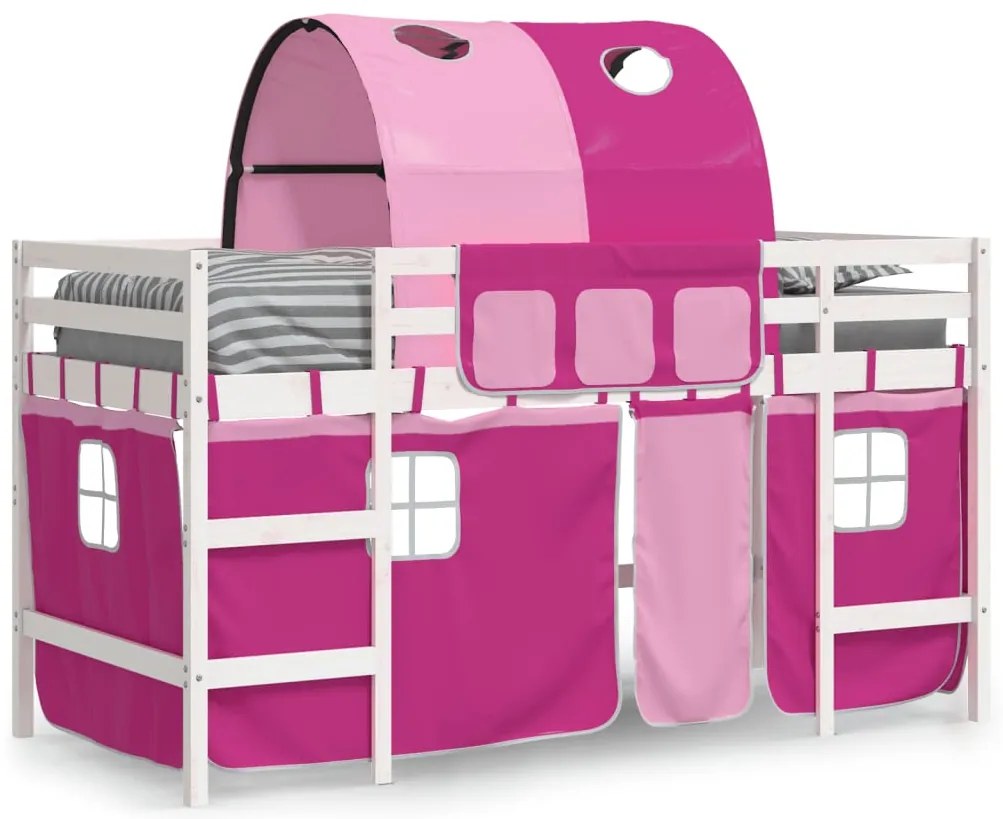 Cama alta p/ criança c/ túnel 90x200 cm pinho maciço rosa