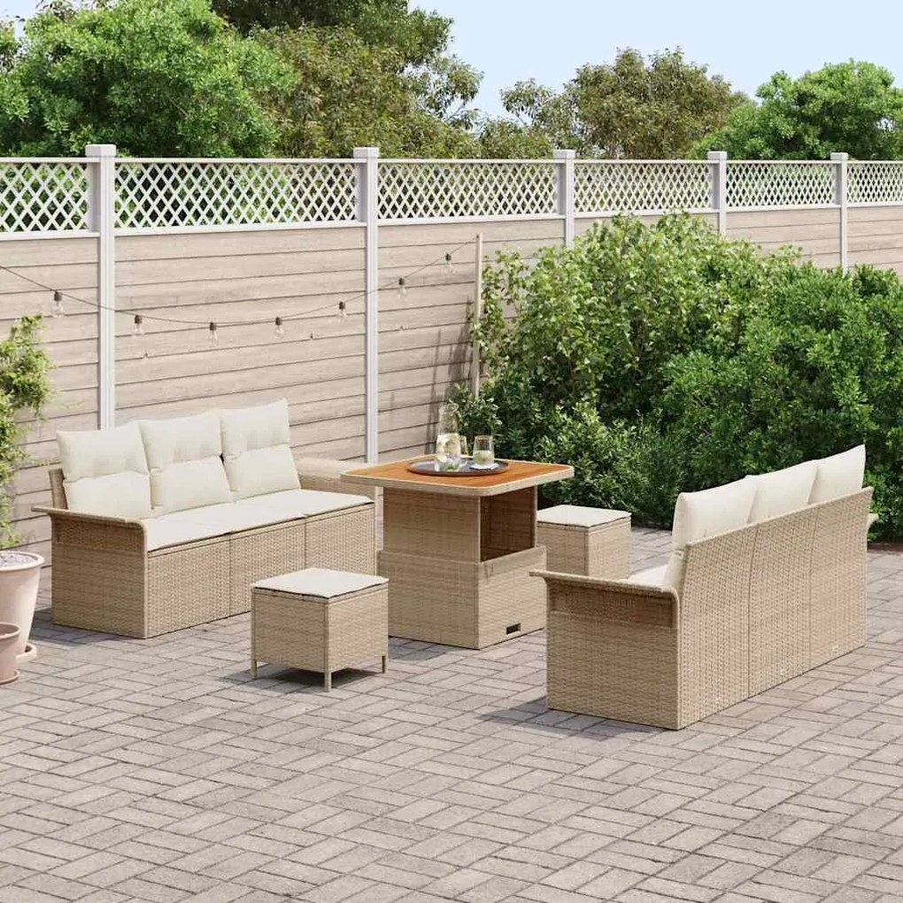 Conjunto de Sofás de Jardim 9 Peças com Almofadas em Rattan Poly Bege