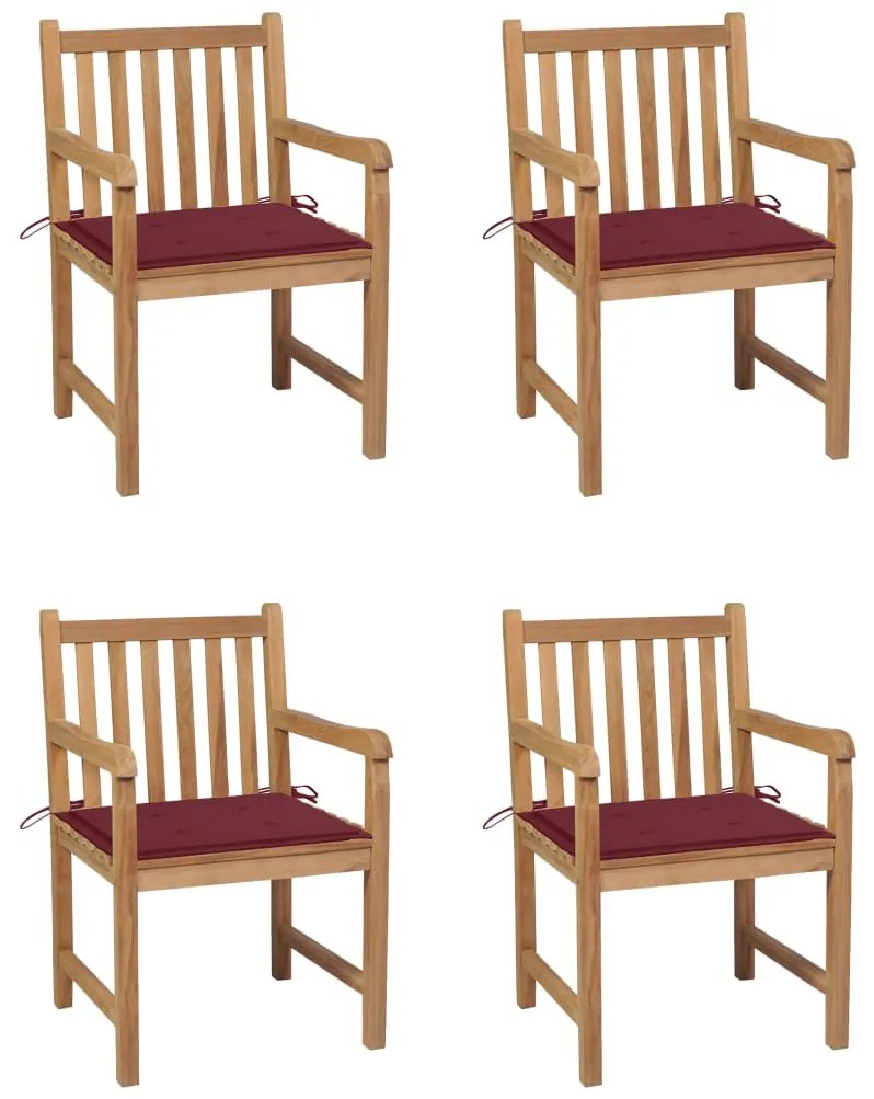 Cadeiras jardim c/ almofadões vermelho tinto 4 pcs teca maciça