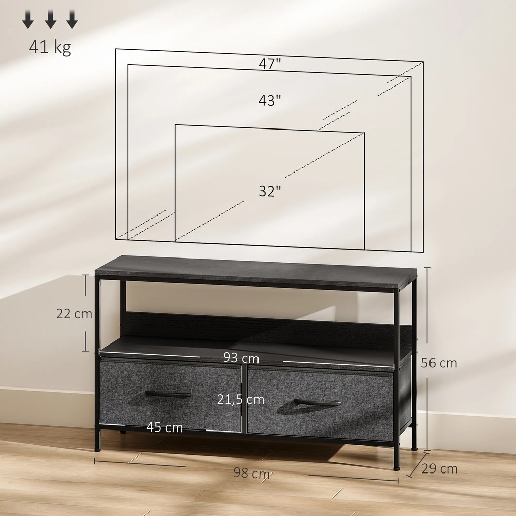 Móvel para televisor 98 x 29 x 56 cm, adequado para televisores até 47 polegadas, com 2 gavetas tecido e pés em aço, , cinzento escuro