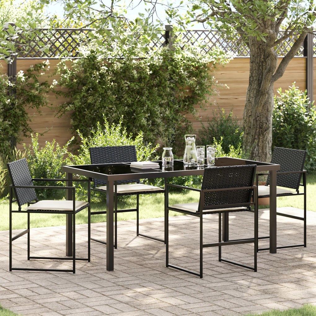 vidaXL Conjunto de Jantar de Jardim de 5 Peças com Almofadas Preto Vime PE