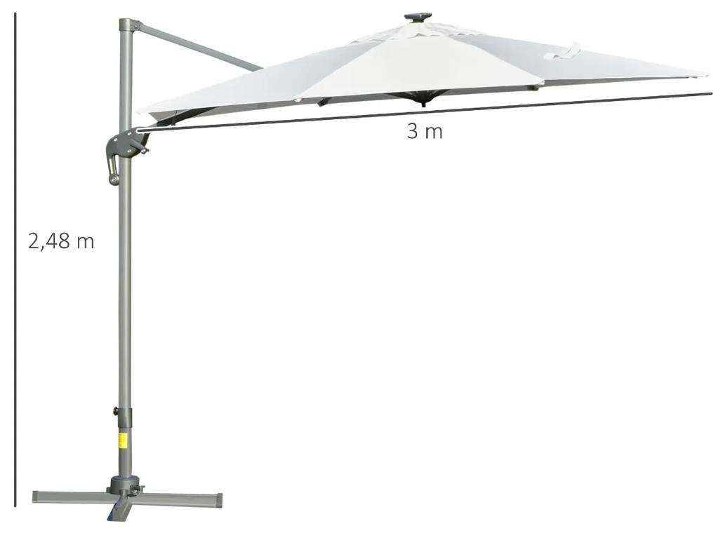 Guarda-sol de alumínio de 300 cm Proteção UV 50+ 360 ° Giratório com manivela e luzes LED Painel solar teto reclinável base cruzada branca