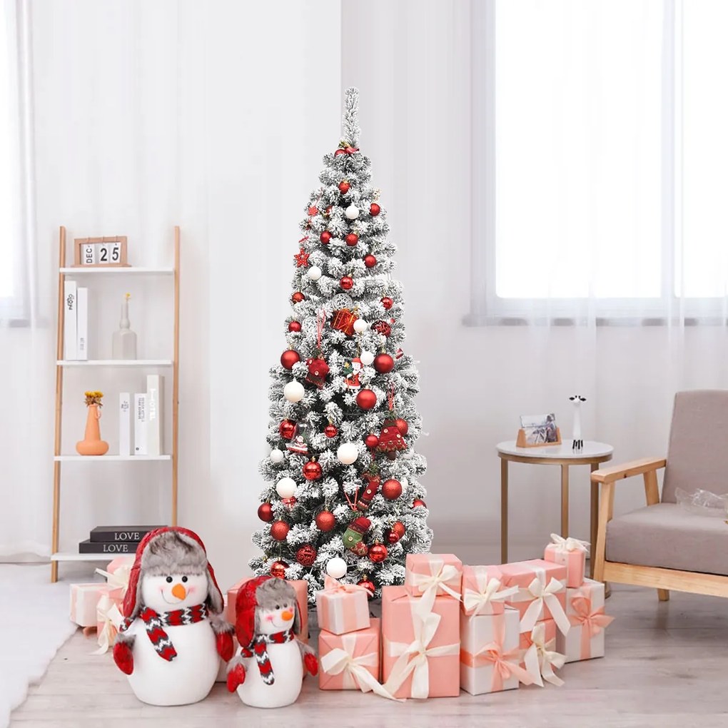 Árvore de Natal 225 cm Lápis Árvore de Natal com Neve e 350 Luzes LED Branco Quente