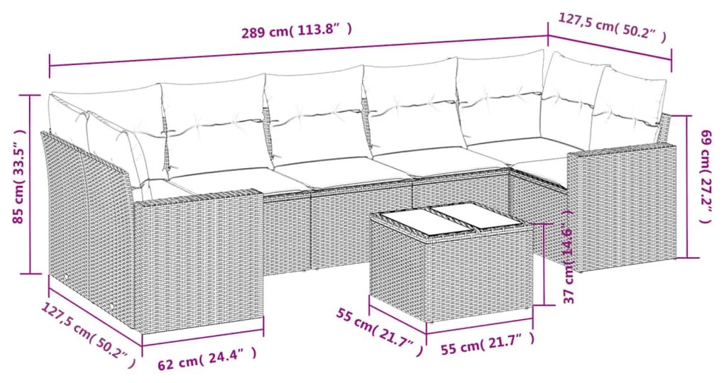 8 pcs conjunto de sofás p/ jardim com almofadões vime PE bege