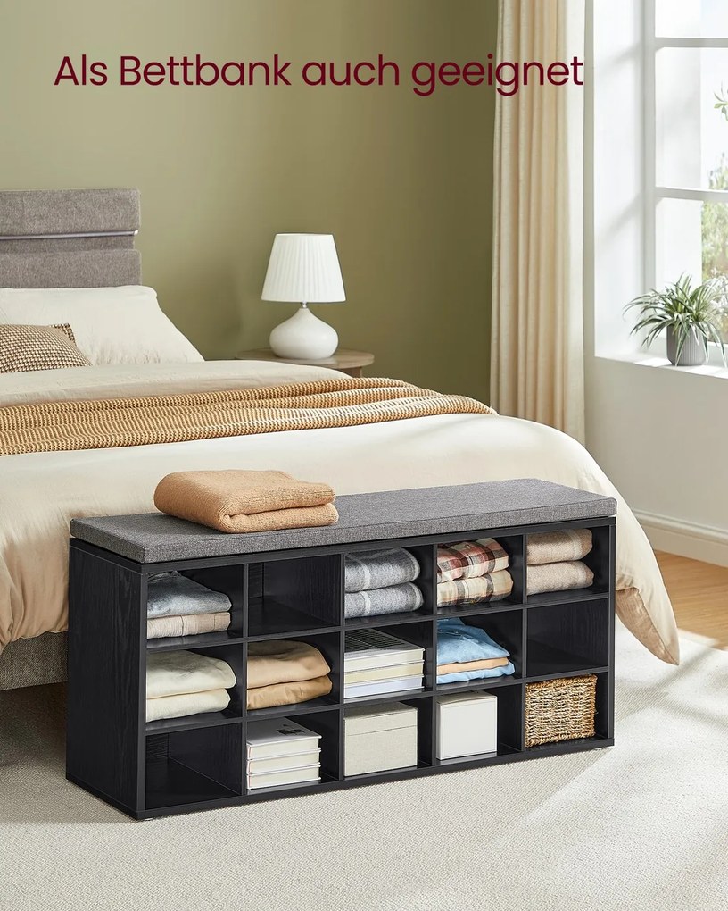 Banco sapateira para sapatos 30 x 105 x 48 cm com almofada e 15 compartimentos em preto-cinza ardósia