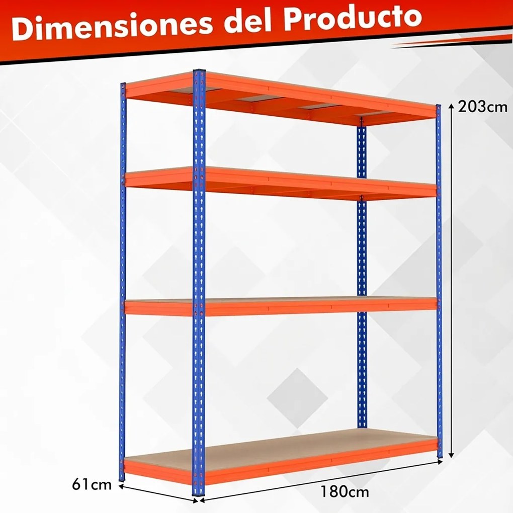 Estante metálica 181 x 61 x 203 cm multiusos de 4 níveis com prateleiras ajustáveis e capacidade para 2400 kg para casa, garagem ou cave  Laranja + Az