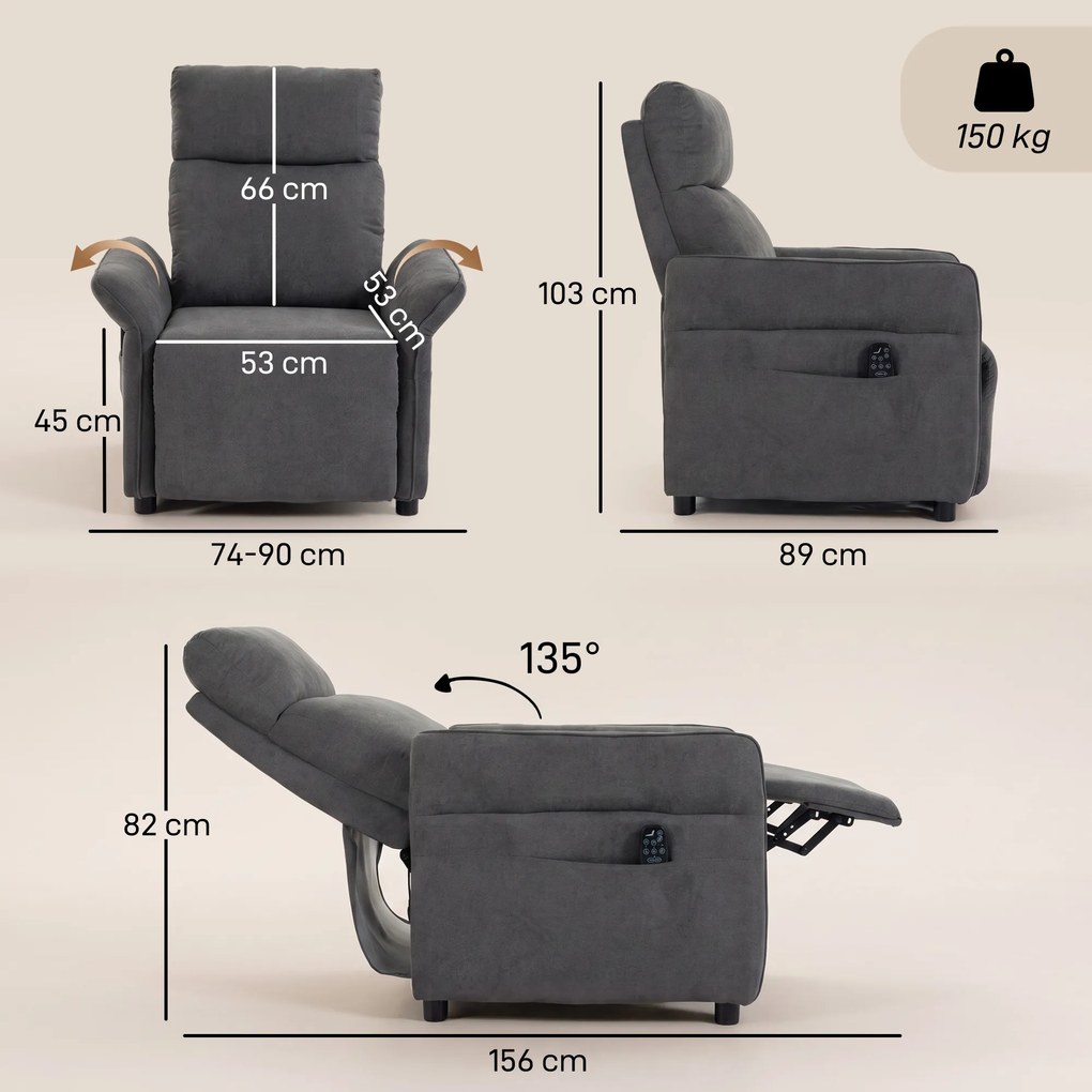 Cadeirão de Massagem com Calor, Reclinação Push-Back 135°, Apoio para os Pés, Apoios de Braços Ajustáveis e 2 Bolsos, Cinzento-Escuro