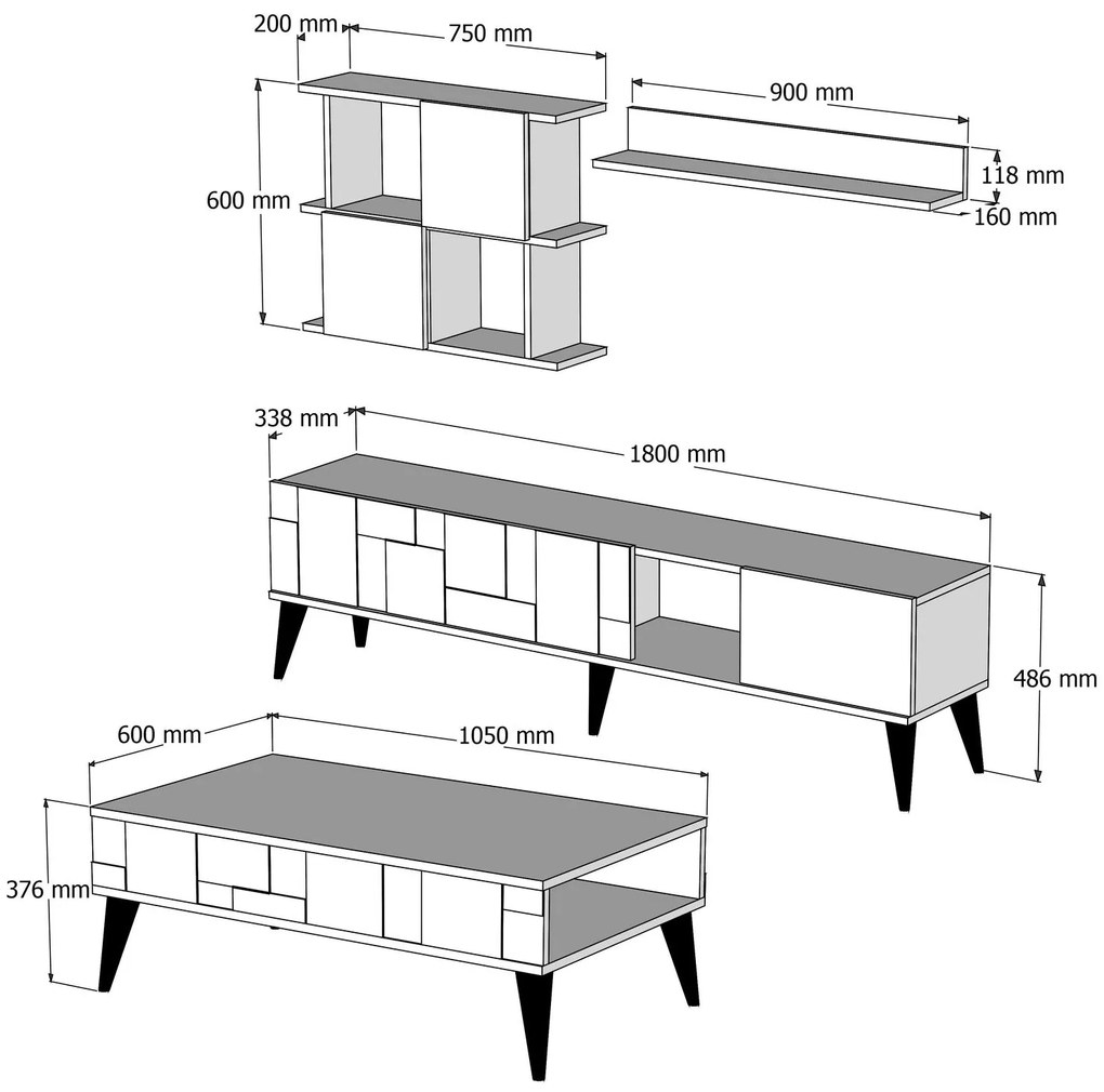 Conjunto de Mobiliário de Sala de Estar Madrid – Nogueira/Antracite –