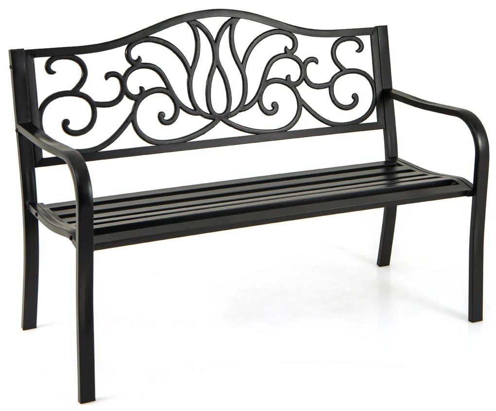 Banco de jardim de metal para 2 lugares com encosto e braços, banco de parque, banco de ferro