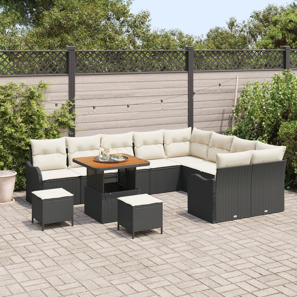 Conjunto de 12 Peças de Sofá de Jardim com Almofadas Polyrattan Preto