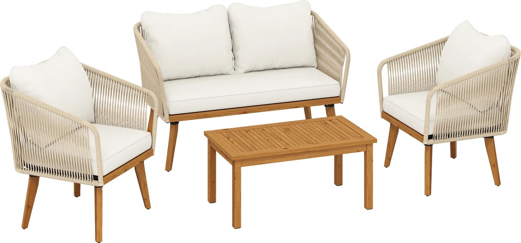 Outsunny Conjunto de móveis de jardim 4 peças Polyrattan conjunto lounge com sofá de dois lugares, 2 poltronas, mesa de ripas em madeira de acácia, almofadas grossas laváveis | Aosom Portugal