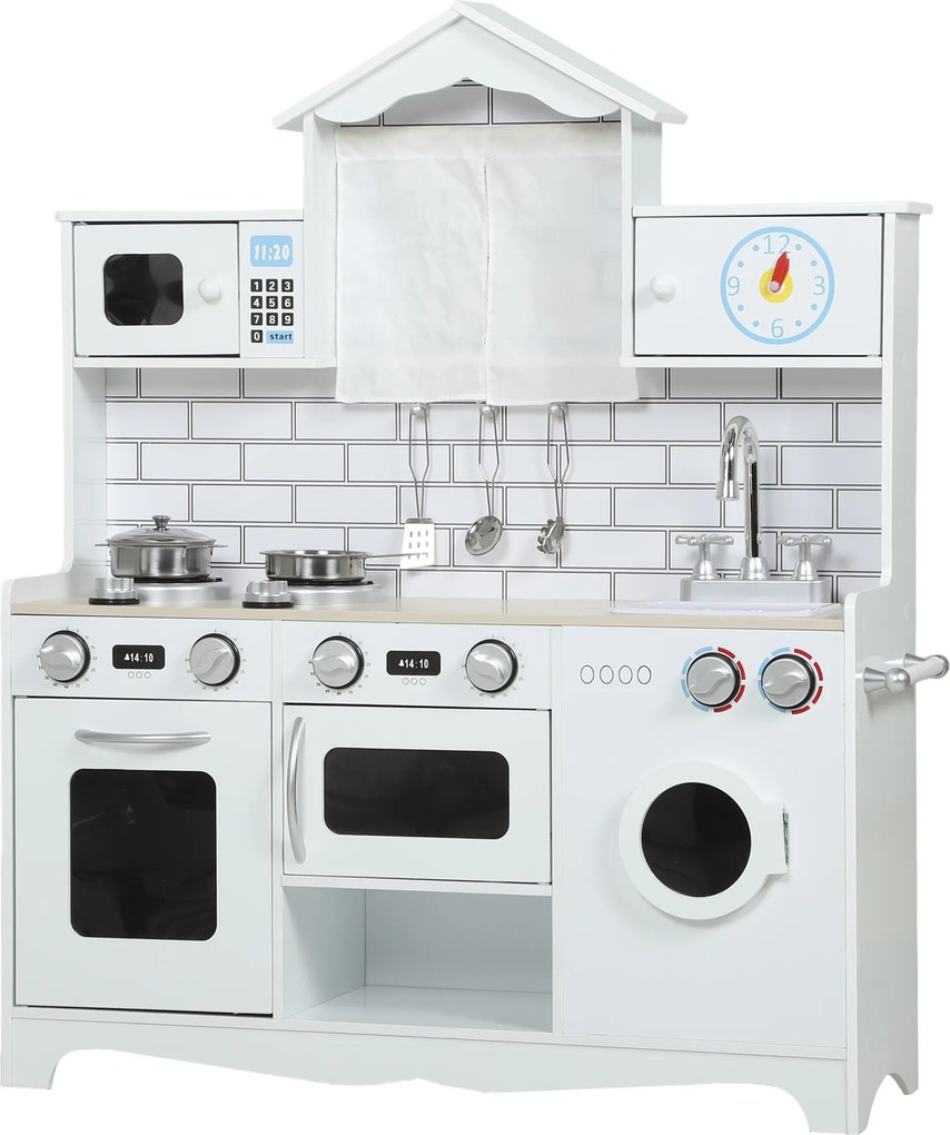 AIYAPLAY Cozinha de Madeira com Som Cozinha de Brincar com Acessórios em Aço Inoxidável Máquina de Lavar Micro-Ondas, Lava-Loiça 79,5x24x94 cm Branco | Aosom Portugal