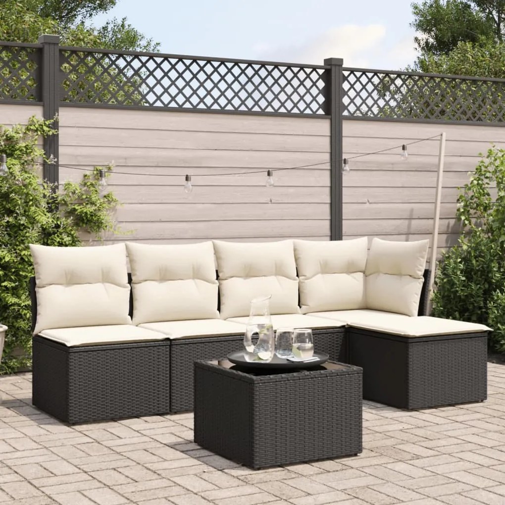 6 pcs conjunto sofás de jardim c/ almofadões vime PE preto