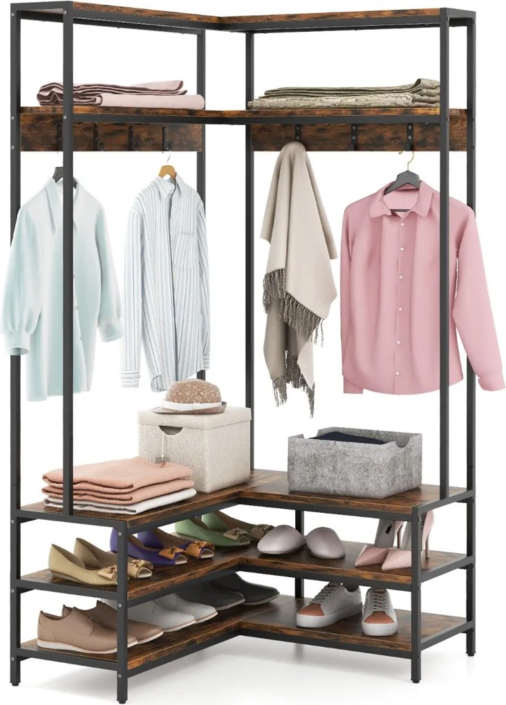 Cabide Guarda roupa aberto de canto com prateleiras abertas e ganchos Banco para sapatos Estrutura metálica sólida 90 x 90 x 178 cm Castanho rústica