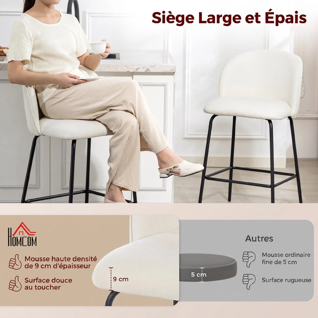 Conjunto de 2 Bancos de Bar, 55 x 50 x 93 cm, Encosto Ergonómico, Creme