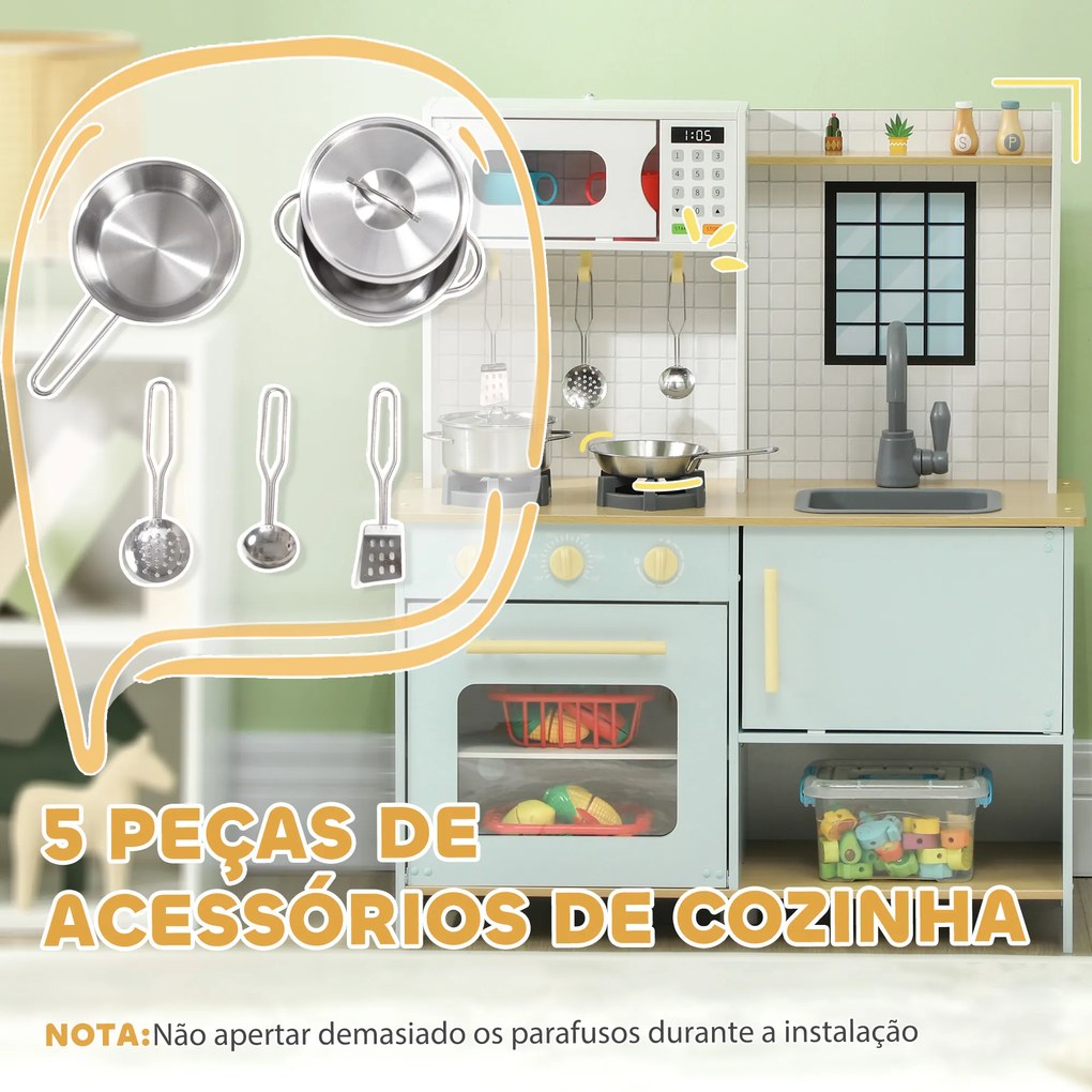 Cozinha de Madeira para Crianças acima de 3 Anos Cozinha de Brincar Infantil com Som Fogão Lavatório Micro-Ondas e Acessórios Azul