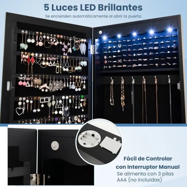 Armário para joias com espelho, iluminação LED, fechadura, montagem na porta e na parede, 36,5 x 11,5 x 120 cm preto