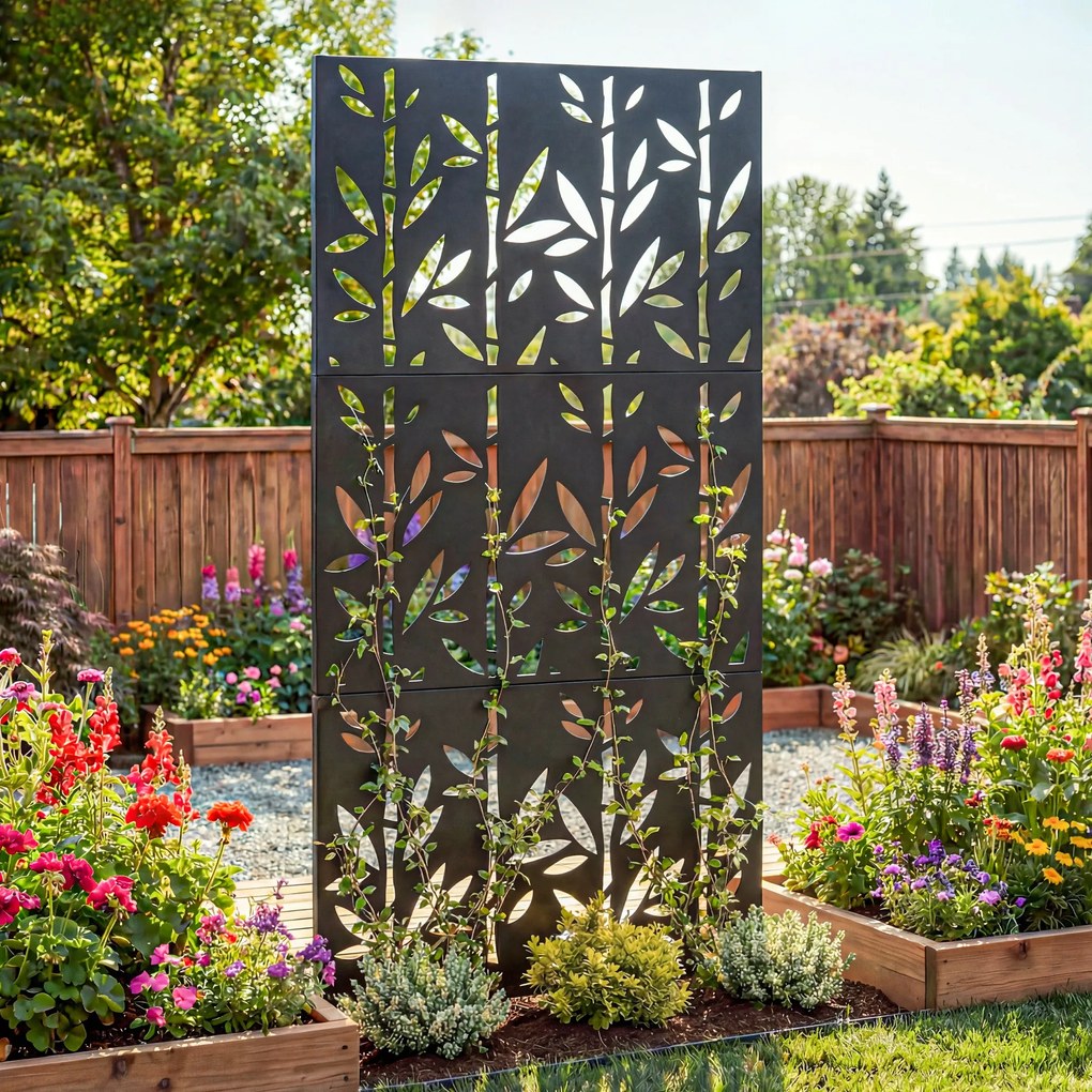 Biombo decorativo de proteção visual para exterior 92 x 40 x 192 cm, claustra decorativa para jardim, 3 painéis com padrão de bambu em metal, preto