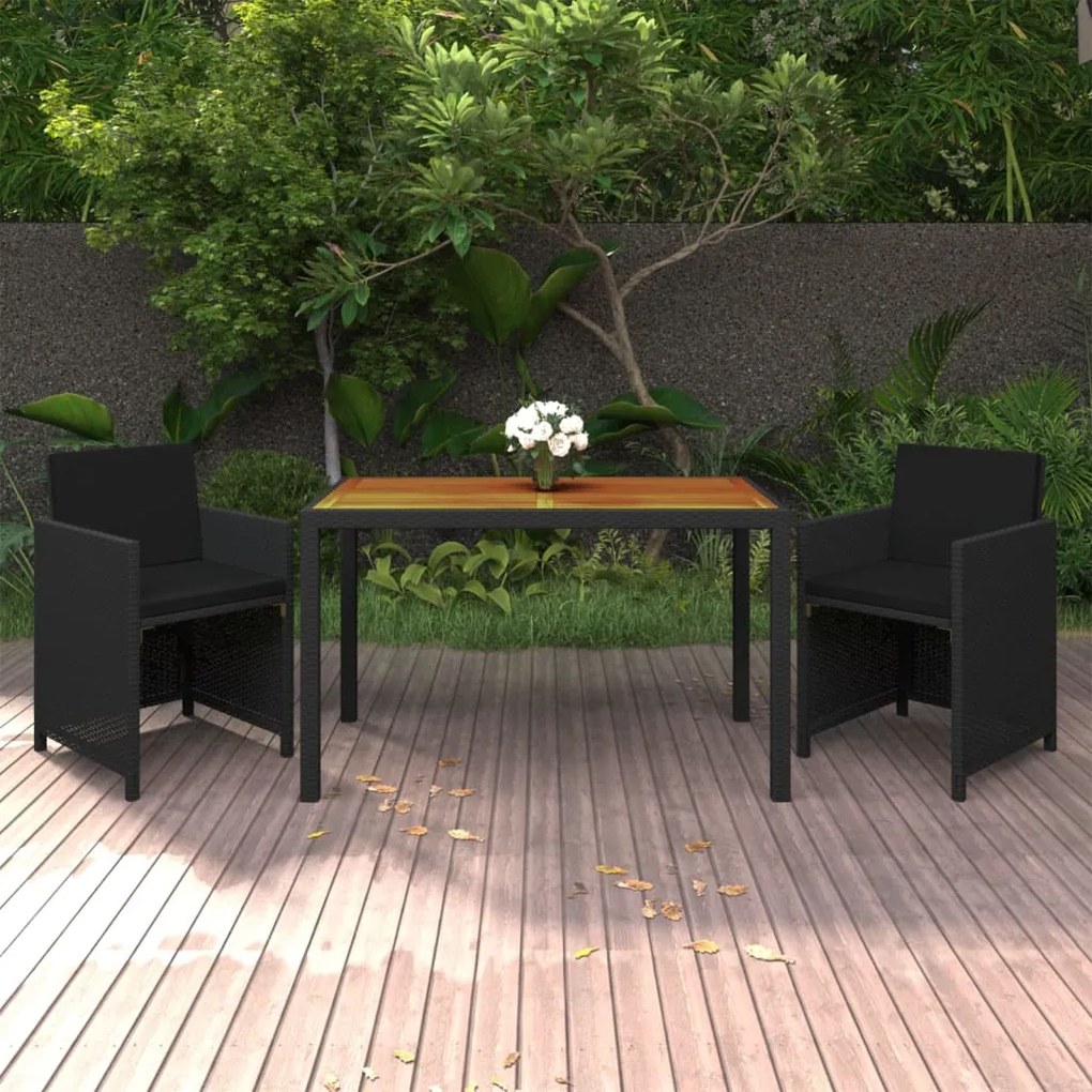 vidaXL 3 pcs conjunto de jantar p/ jardim c/ almofadões vime PE preto