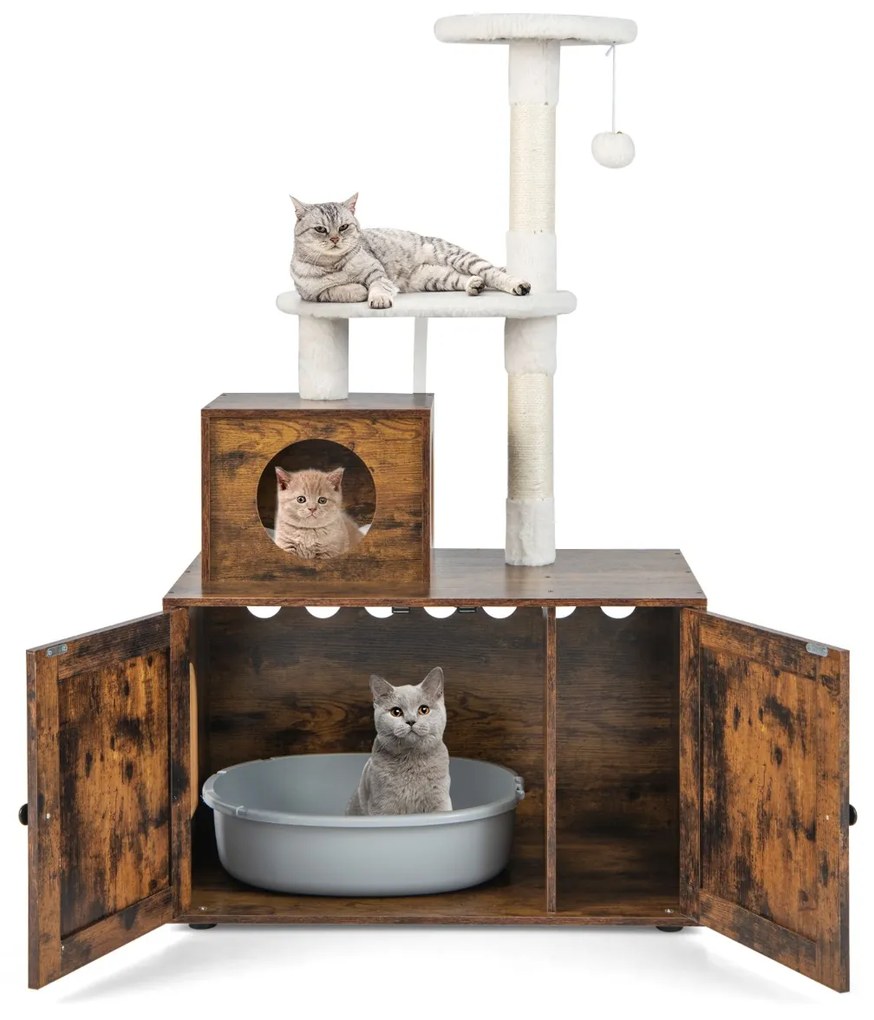 Casa de madeira para gatos com caixa de areia e armário arranhador com esconderijo e divisória 77,5 x 49 x 132 cm