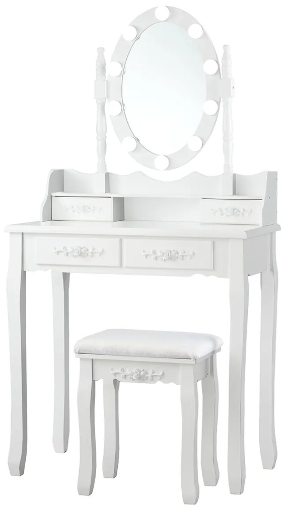 Mesa Toucador e banco de maquilhagem acolchoado com espelho oval iluminado 10 luzes de LED e interruptor de toque Branco