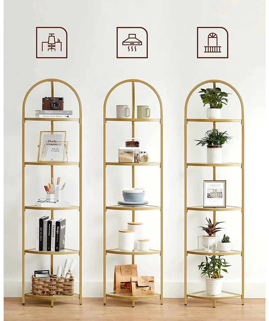 Estante de canto com 5 prateleiras 28 x 28 x 158 cm Vidro, metal Dourada