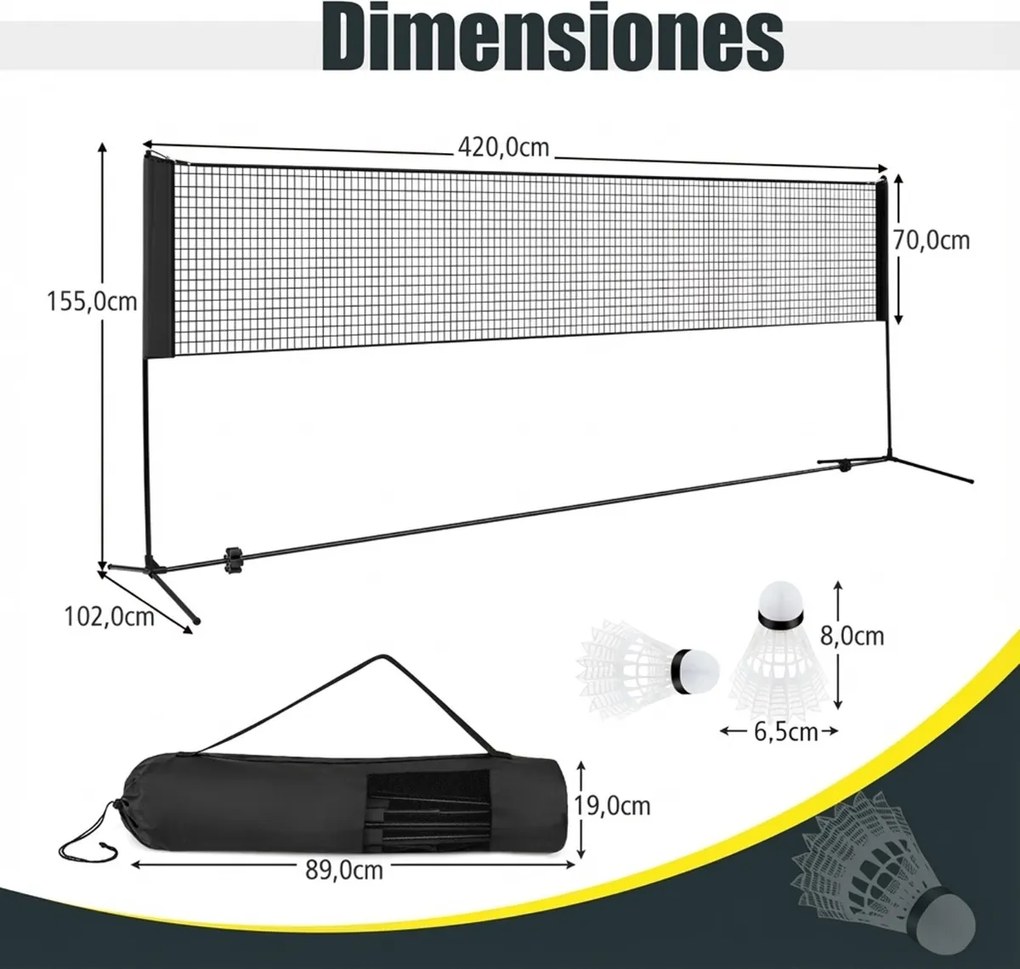 Rede de Badminton 420 cm Portátil Ajustável em Altura com Postes, Bolsa de Transporte e 2 Penas para Interior e Exterior Preta