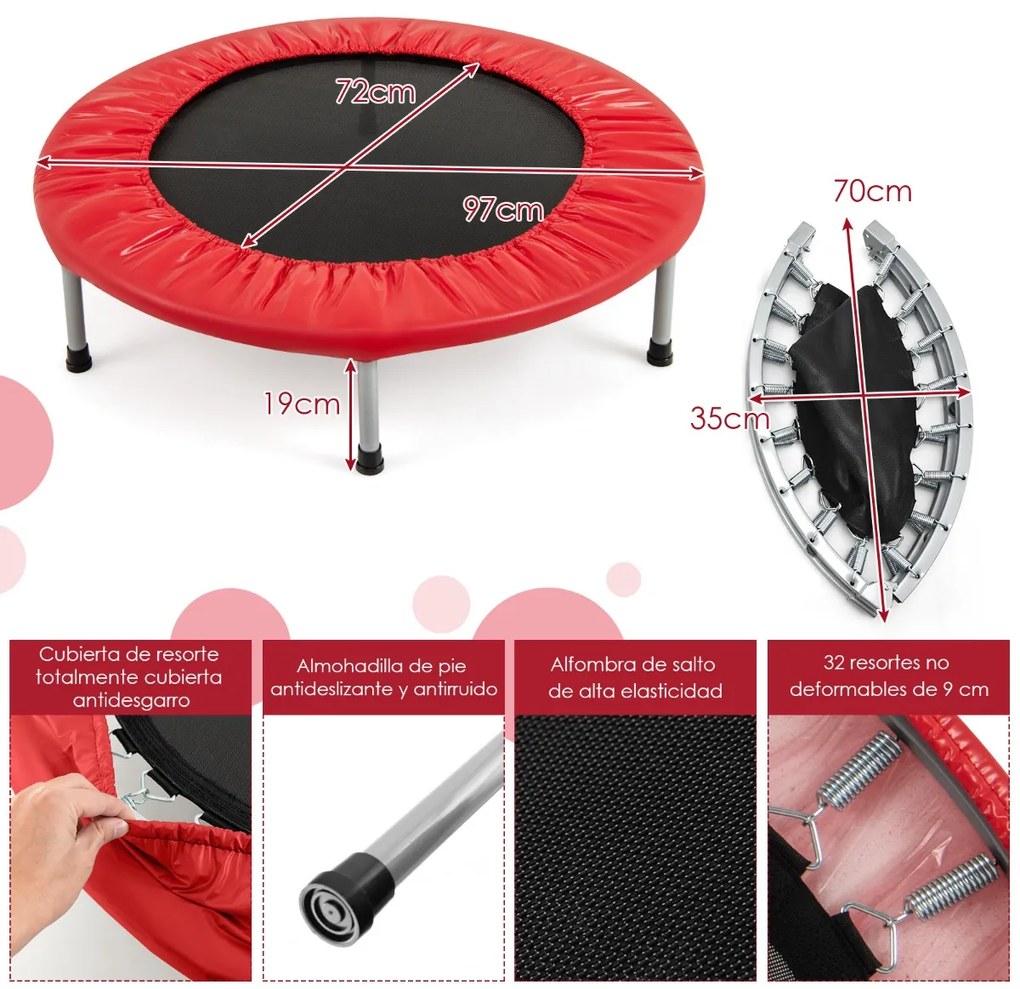 Mini trampolim dobrável, com capacidade para 150 kg para crianças e adultos 97 x 97 x 21,5 cm vermelho