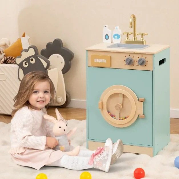 Máquina de Lavar para Crianças 40 × 30 × 75 cm com Detergente e Desinfetante para as Mãos com Pia, Gaveta e Rodas Giratórias Azul