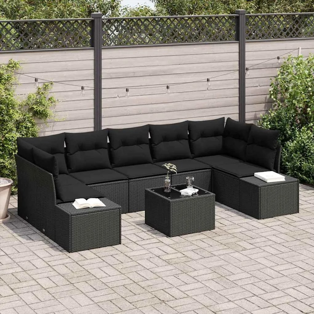 vidaXL Conjunto de Sofá de Jardim com almofada 8 pcs Preto vime PE