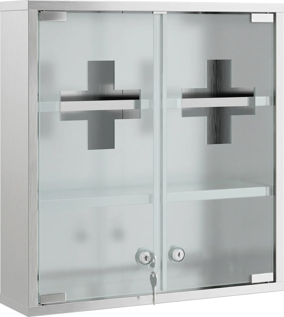 HOMCOM Armário de Medicamentos de Parede com Fechadura Portas de Vidro Prateleiras e 2 Chaves para Casa de Banho e Cozinha 46x12x48 cm Prateado | Aosom Portugal