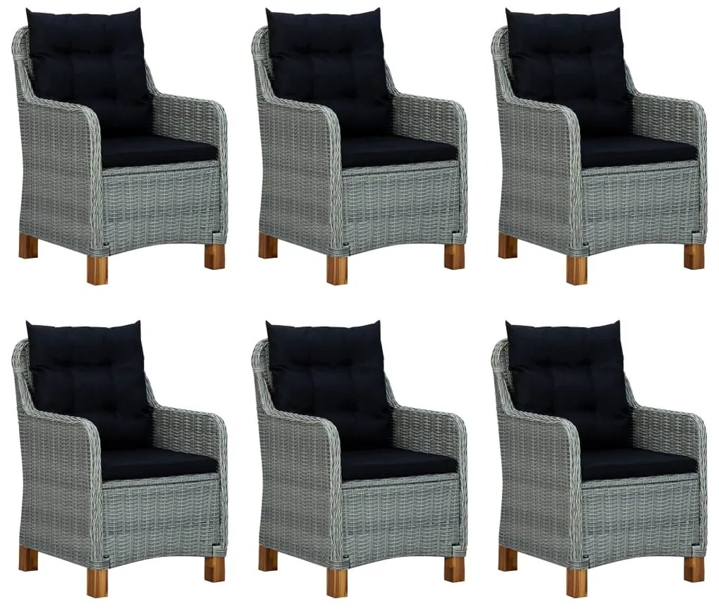 7 pcs conj. jantar exterior + almofadões vime PE cinzento-claro