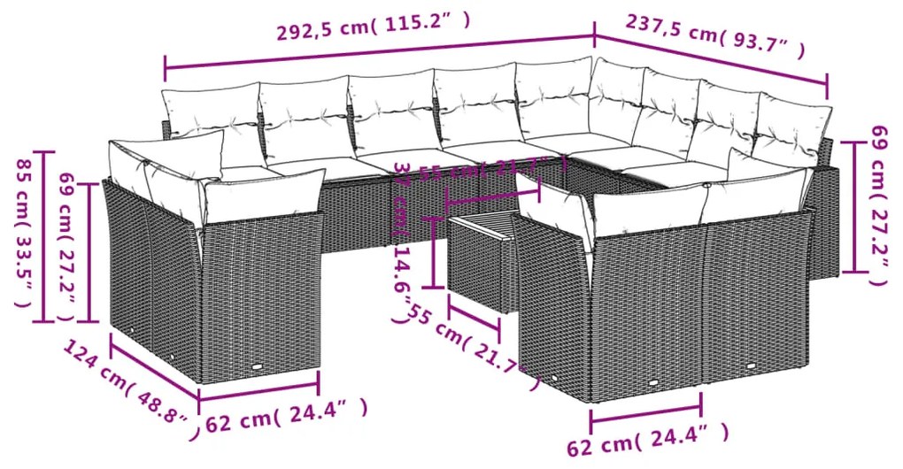 13 pcs conjunto de sofás de jardim com almofadões vime PE preto