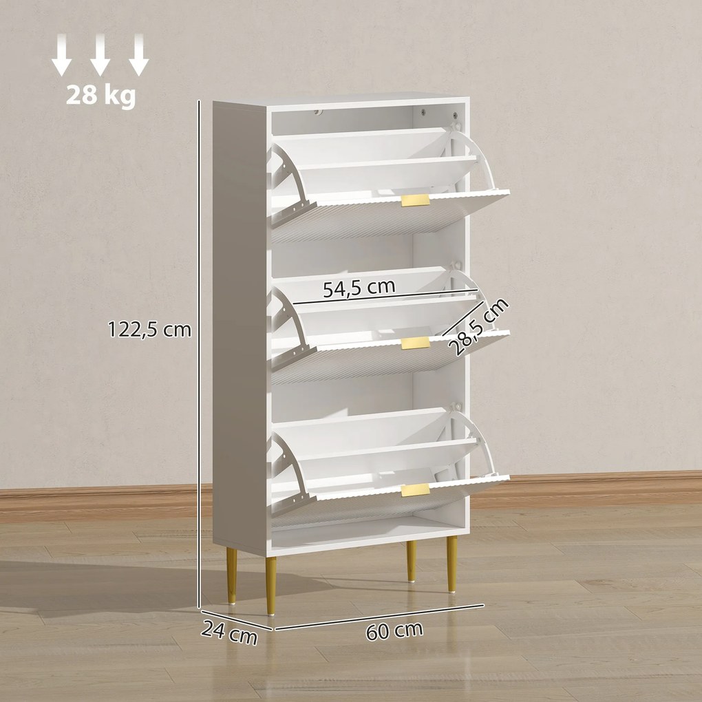 Sapateira com capacidade para 18 pares, com 3 gavetas rebatíveis, portas caneladas e prateleiras ajustáveis, 60 x 24 x 122,5 cm, branco