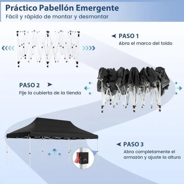 Tenda para festas dobrável impermeável de 300 x 600 cm com bolsa de transporte Proteção solar jardim preta