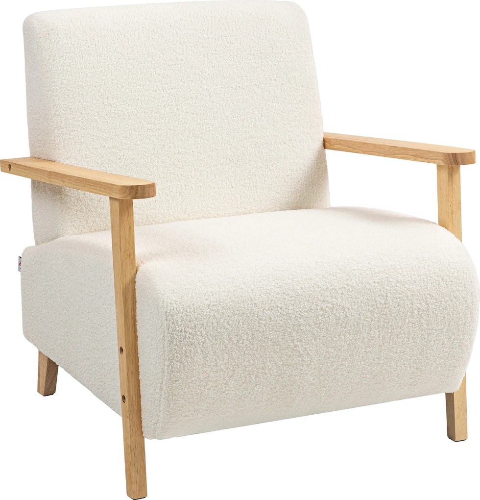 Poltrona de sala, tecido com efeito de lã felpuda, estrutura em madeira maciça, cor creme