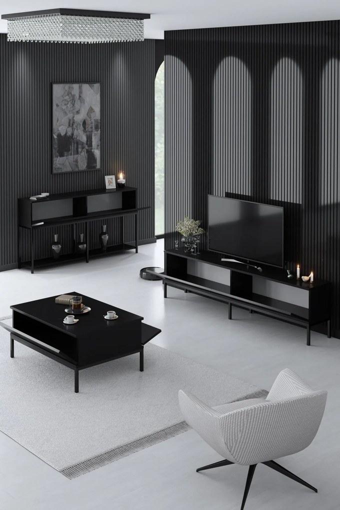 Conjunto de Mobiliário de Sala Lord – Preto – TV Stand: 180x47x30 cm,