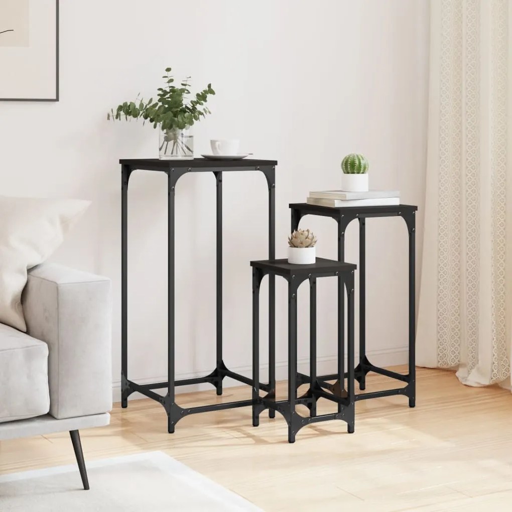 Mesas de apoio de encastrar 3 pcs derivados de madeira preto