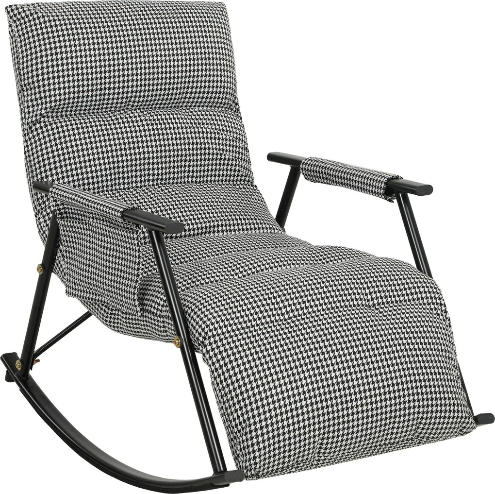 HOMCOM Poltrona Baloiço com Encosto e Apoia-Pés Ajustáveis 105° Estofada em Linho com Bolso Lateral e Estrutura de Metal Preto e Branco | Aosom Portugal