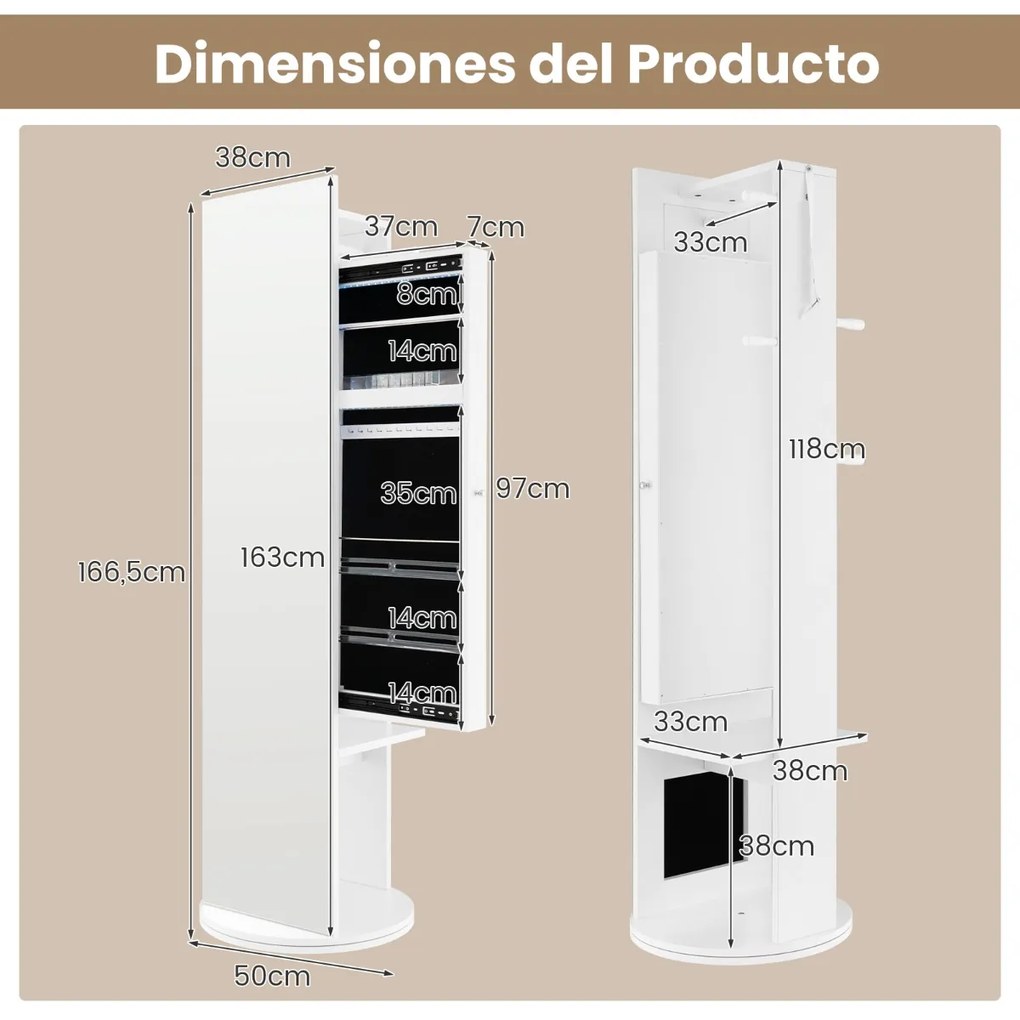 Armario joias rotativos de 360° com espelho de pé, cabide e luzes LED 50 x 50 x 166,5 cm Branco