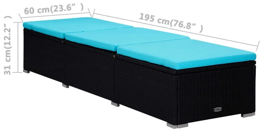 3 pcs espreguiçadeiras jardim c/ mesa de centro vime PE preto