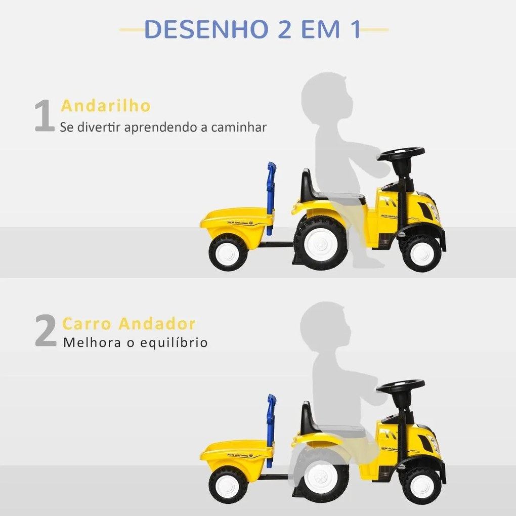 Trator andarilho para Crianças de 12-36 Meses com Reboque Removível Carro Andador com Buzina Farol Pá e Ancinho Carga 25kg 91x29x44cm Amarelo