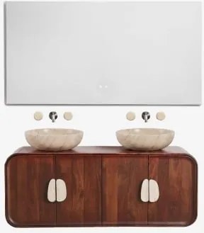 Conjunto De Móvel De Casa De Banho Dupla Suspensa 130x45 Cm Em Madeira De Manga E Pedra Natural Kivalina Travertino - Madeira De Mangueira Escura & -