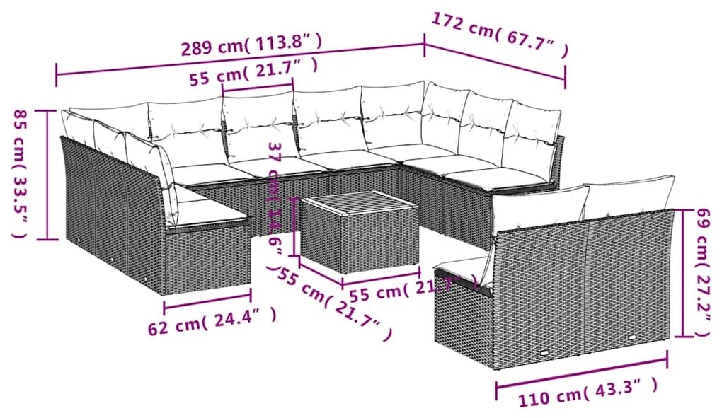 12 pcs conjunto sofás p/ jardim c/ almofadões vime PE cinzento