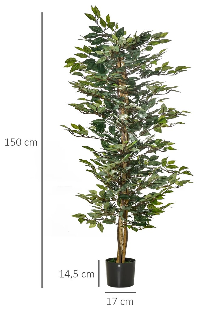 Outsunny Planta Artificial Ficus no Vaso Altura 150cm Planta Artificial Decorativa com 1008 Folhas Realistas Planta Artificial para interior e Exterior Sala de Estar Escritório Verde