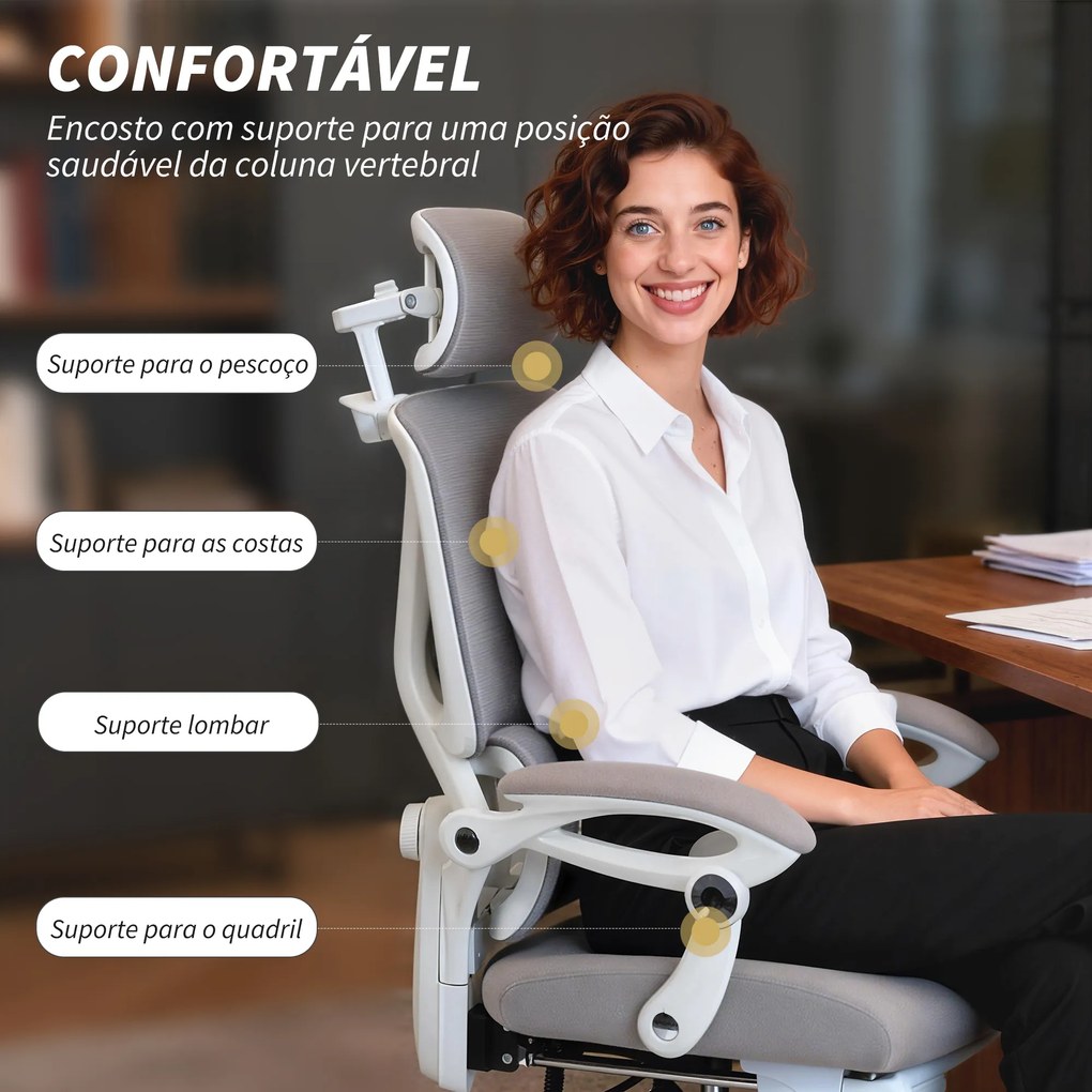 Cadeira de Escritório de Malha Reclinável com Apoio de Cabeça, Suporte Lombar, Apoio para os Pés e Altura Regulável, Cinzento Claro
