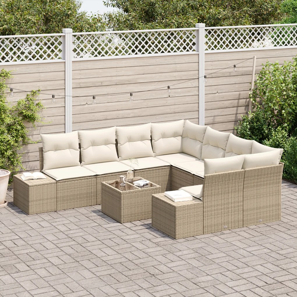 Conjunto de Sofá de Jardim de 9 Peças com Almofadas Bege Rattan Polido