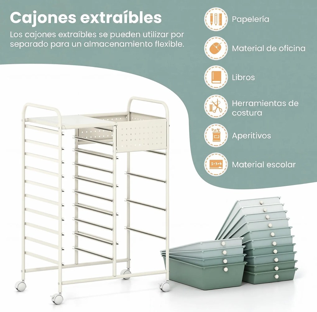 Carrinho de Armazenamento, 63 x 37 x 87,5 cm, 14 Gavetas, Verde