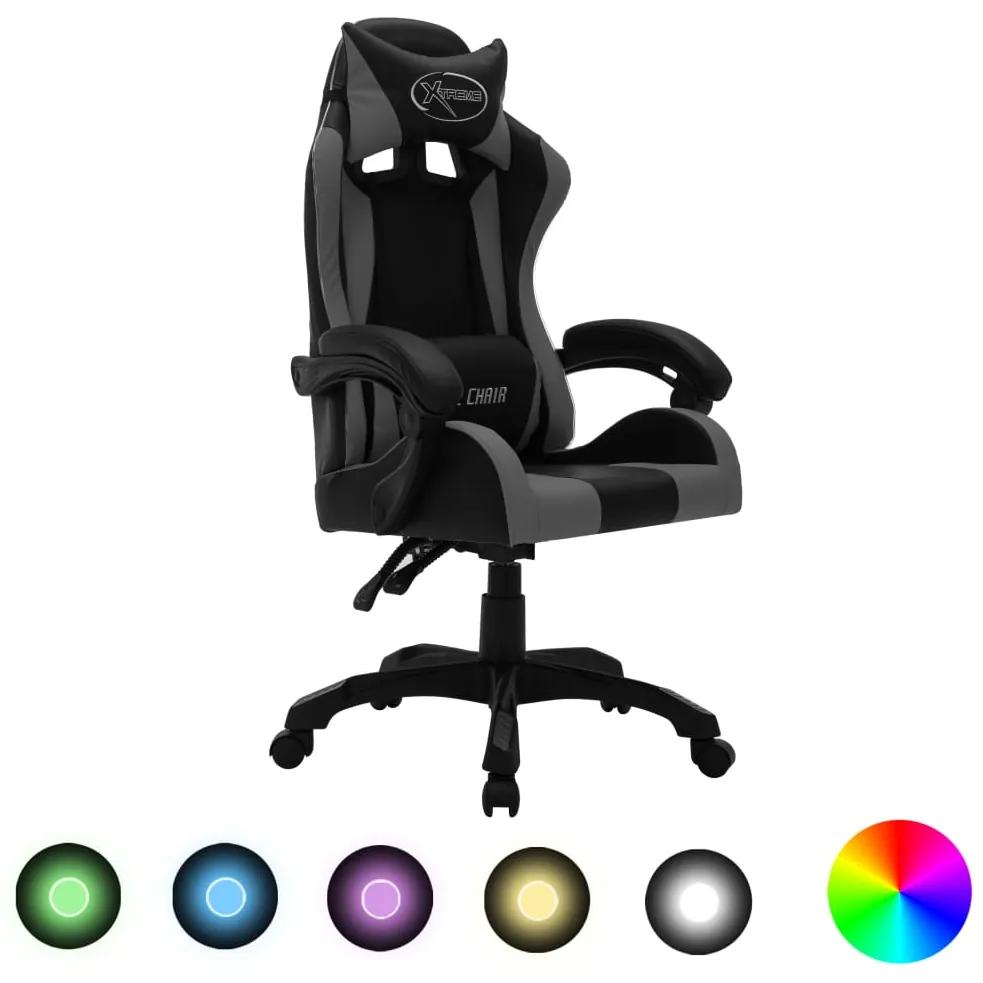 Cadeira estilo corrida luzes LED RGB couro artif. cinza/preto