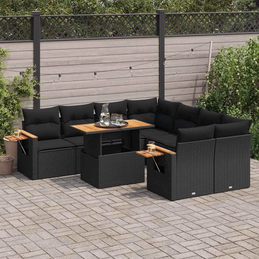 9 pcs conjunto sofás p/ jardim almofadões vime PE/acácia preto